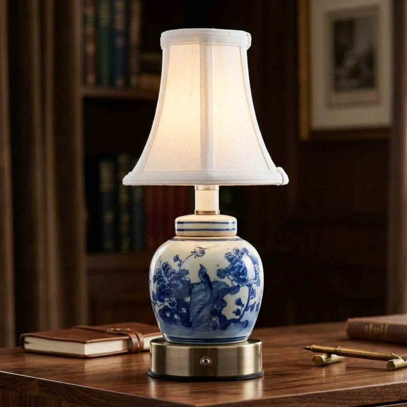 Blue Flower Bird Bulb Jar Cordless Touch Lamp