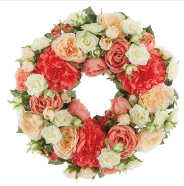 WREATH ROSE PEONY PEACH CORAL 17IN