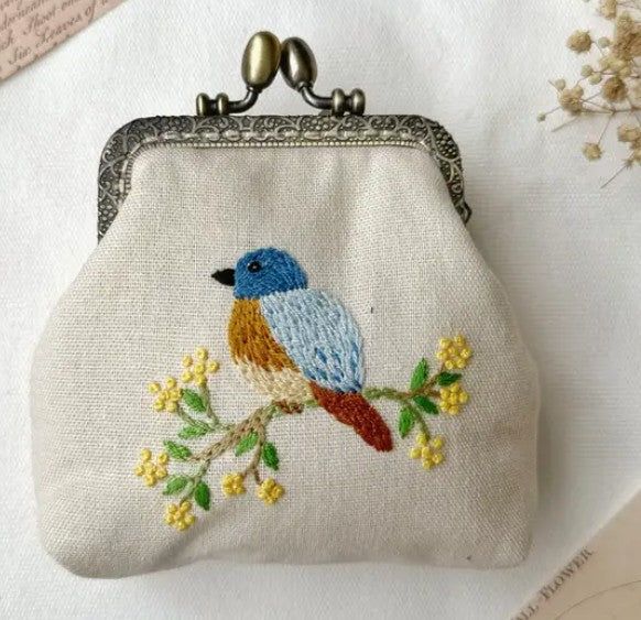Coin Purse Blue Bird Embroidered