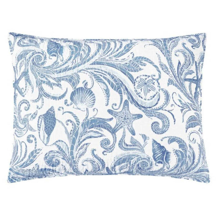 Decorative pillow with blue and white sea-themed pattern on a white background