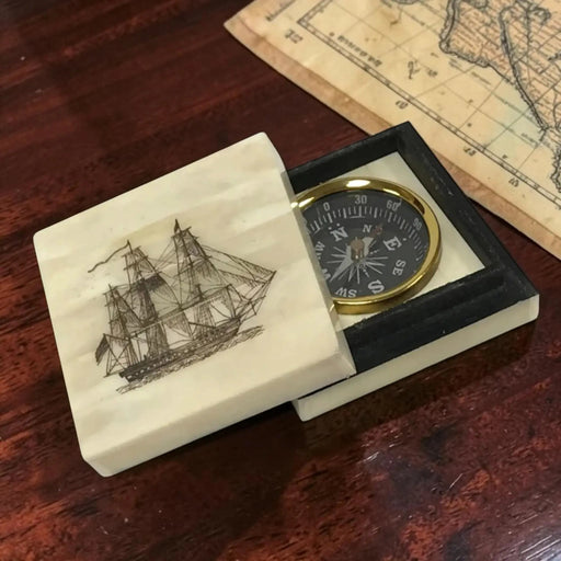American Frigate Scrimshaw Ox Bone Box w/ Inlaid Compass - The Shops at Mount Vernon