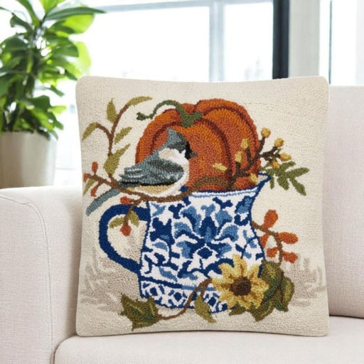 Bird with Teapot Hooked Wool Pillow - The Shops at Mount Vernon