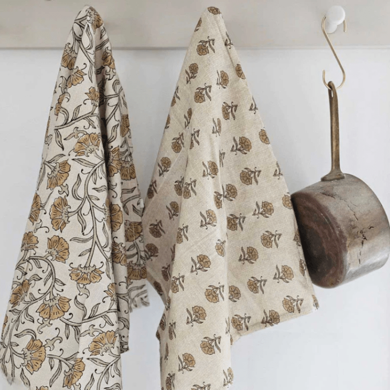 Block Print Mustard Flowers Tea Towel Set - The Shops at Mount Vernon