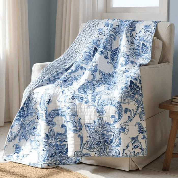 Blue and White Paisley Floral Reversible Throw - The Shops at Mount Vernon