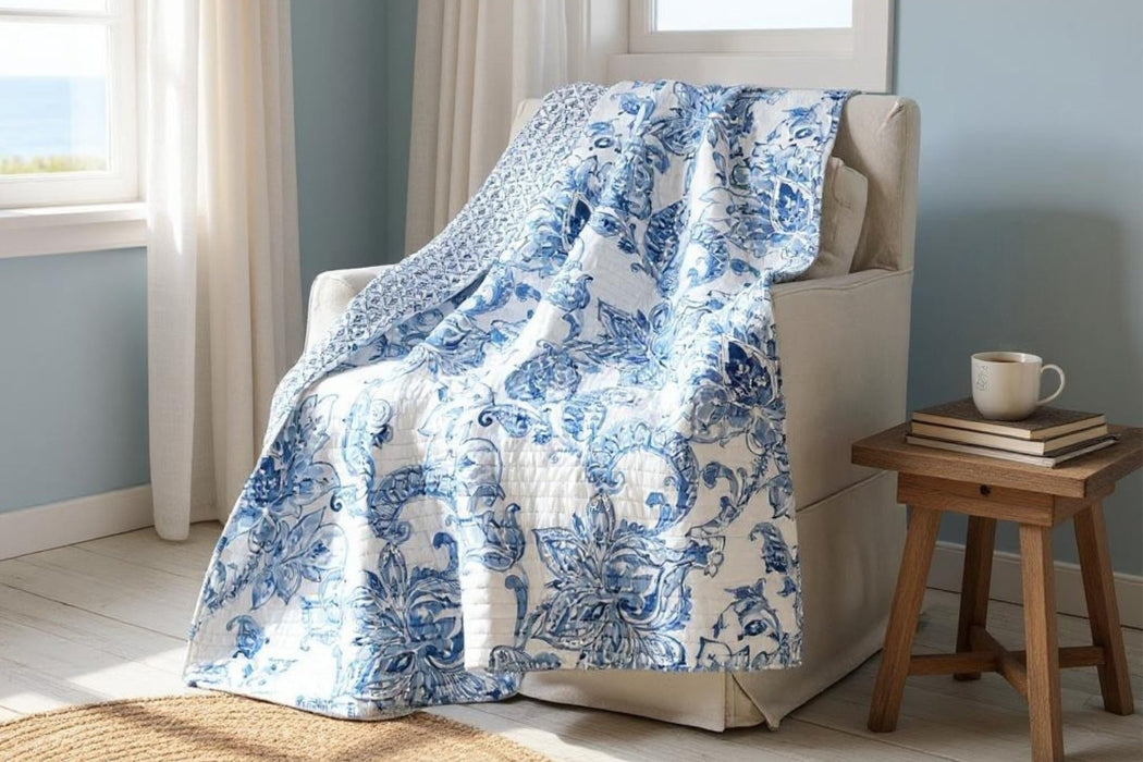 Blue and White Paisley Floral Reversible Throw - The Shops at Mount Vernon