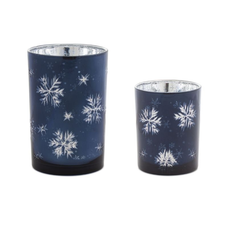 Blue & Silver Snowflake Glass Candle Holder - The Shops at Mount Vernon