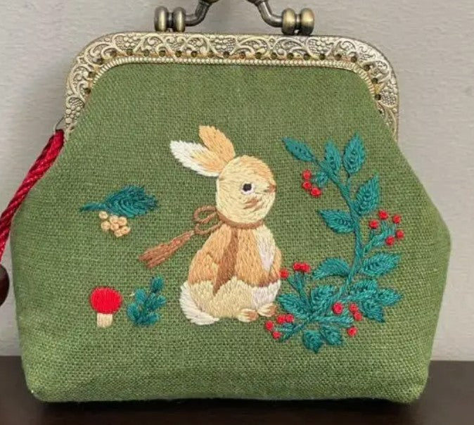 Coin Purse Rabbit Green Embroidered