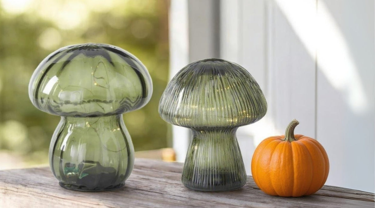 Green Glass LED Mushrooms – Set of 2 - The Shops at Mount Vernon