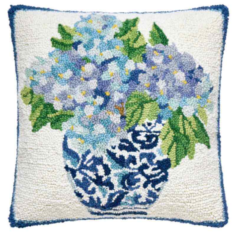 Hooked Hydrangea in Chinoiserie Pillow - The Shops at Mount Vernon