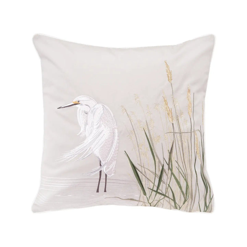 Left - Facing White Egret Embroidered Indoor Outdoor Pillow - The Shops at Mount Vernon