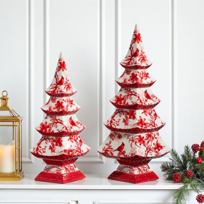 Red Chinoiserie Bird Motif Trees – Set of 2 - The Shops at Mount Vernon