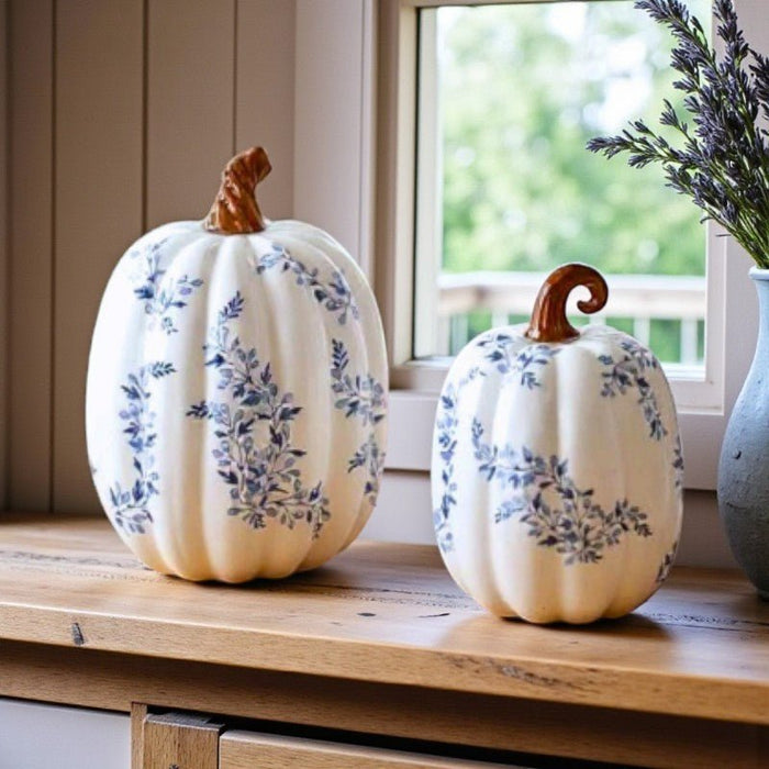 White & Blue Floral Ceramic Pumpkin - Assorted Sizes - The Shops at Mount Vernon