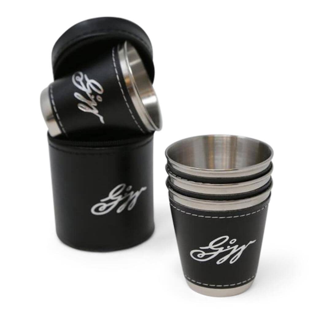 Black/Silver 2oz. Leatherette & Stainless Steel Shot Glass - Item #CGFT1051  -  Custom Printed Promotional Products